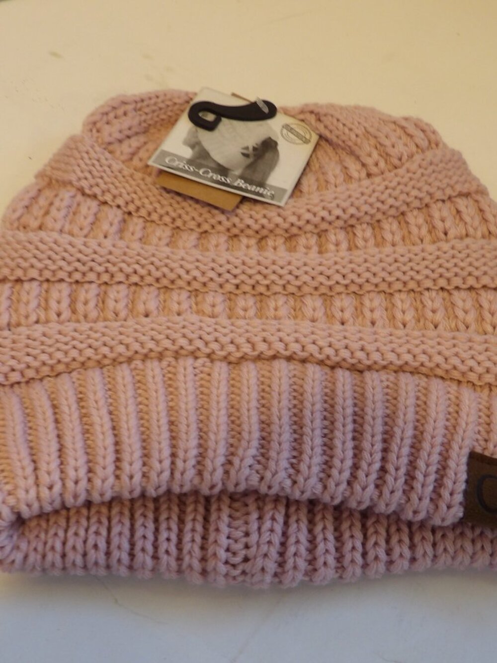 +- CC Exclusive Ponytail Messy Bun Criss Cross Rose Pink Beanie NMT